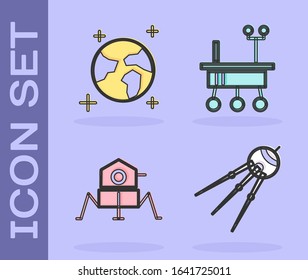 Set Satellite, Earth globe, Mars rover and Mars rover icon. Vector