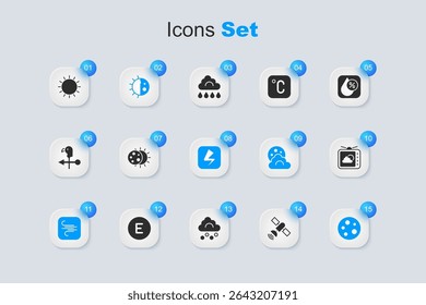 Set Satellite, Eclipse of the sun, Day night cycle, Wind, Moon, Weather forecast, Sun and Lightning bolt icon. Vector
