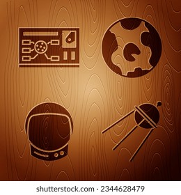 Set Satellite, Futuristic hud interface, Astronaut helmet and Earth globe on wooden background. Vector