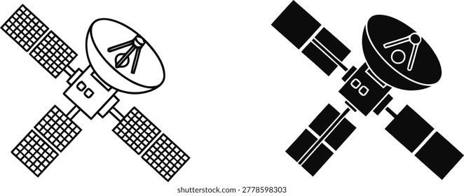 Set of satellite icons in outline and solid styles. Vector illustration of space communication technology equipment isolated on white background.