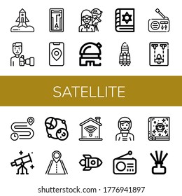 Set von Satellitensymbolen. Rocket, Paparazzi, GPS, Astronomen, Observatorium, Spellbook, Radio, Raumfahrt, Ferne, Sternenbildung, Astronomie, Straße, Wifi, Astronaut, Satellitensymbole