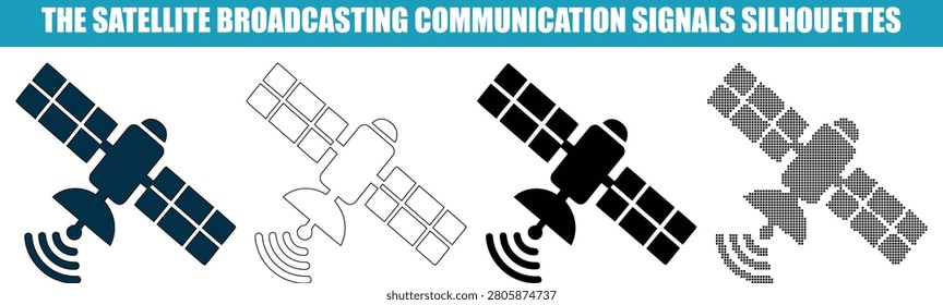 A set of satellite icons transmitting wireless signals representing global connectivity and data transfer for digital media projects.