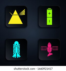 Set Satellite, Light rays in prism, Space shuttle and rockets and Battery. Black square button. Vector
