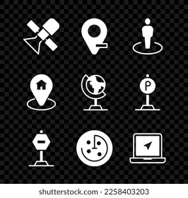 Set Satellite, Standort, mit Person, Stopp-Schild, Radar Targets-Monitor, Laptop-Positionsmarker, Haus-und Erdkugel-Symbol. Vektorgrafik
