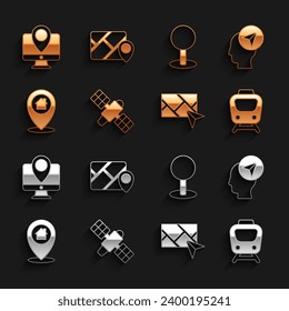 Set Satellite, Location with person, Train, City map navigation, house, Push pin, Monitor location marker and Infographic of city icon. Vector