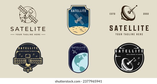 Set von Satelliten Logo Vintage Vektorgrafik Vorlage Symbol Grafik Design. Bündelkollektion verschiedener Radar- und Antennenkommunikationszeichen oder -zeichen für digitale Raumtechnik