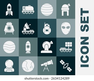 Set Satellite, Mars rover, Alien, Planet Venus, Rocket ship e ícone de robô. Vetor