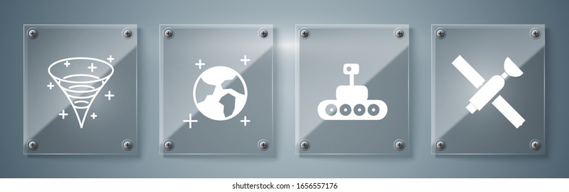 Set Satellite, Mars rover, Earth globe and Black hole. Square glass panels. Vector