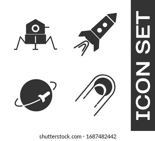 Set Satellite, Mars rover, Planet and Rocket ship with fire icon. Vector