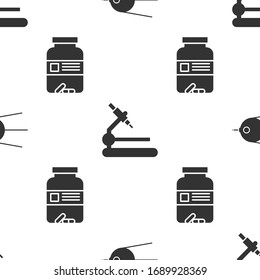 Set Satellite, Microscope and Medicine bottle and pills on seamless pattern. Vector