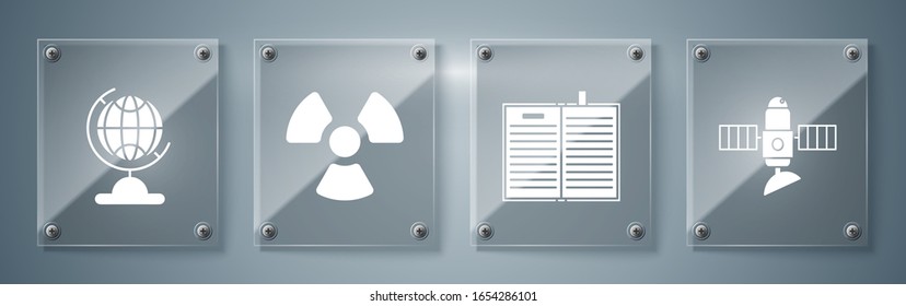 Set Satellite, Open science book, Radioactive and Earth globe. Square glass panels. Vector