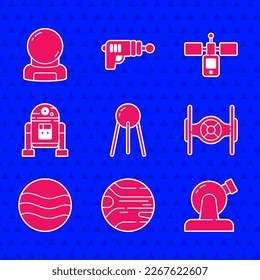 Set Satellite, Planet, Astronomical observatory, Cosmic ship, Robot,  and Astronaut helmet icon. Vector