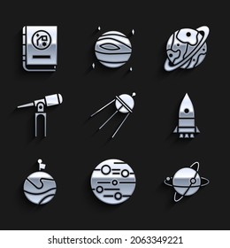 Set Satellite, Planet Mars, Satellites orbiting the planet Earth, Rocket ship, Moon with flag, Telescope, Saturn and Book by astronomy icon. Vector
