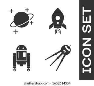 Set Satellite, Planet, Robot and Rocket ship with fire icon. Vector
