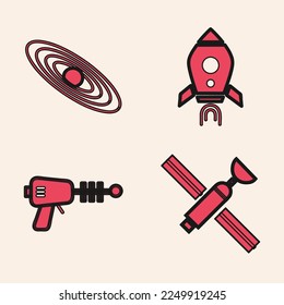 Set Satellite, Planet, Rocket ship with fire and Ray gun icon. Vector