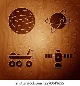 Set Satellite, Planet Venus, Mars rover and Satellites orbiting the planet Earth on wooden background. Vector