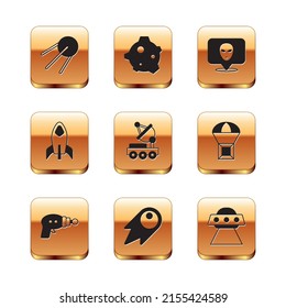 Set Satellite, Ray gun, Comet falling down fast, Mars rover, Rocket ship, Alien, UFO flying spaceship and Asteroid icon. Vector
