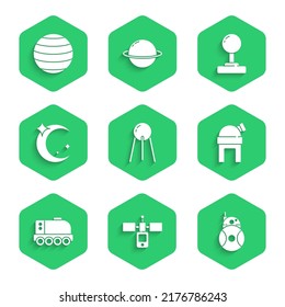 Set Satellite, Robot, observatorio astronómico, Mars rover, Luna y estrellas, Joystick e icono Planet Venus. Vector