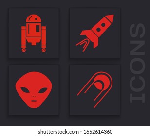 Set Satellite, Robot, Rocket ship with fire and Alien icon. Vector