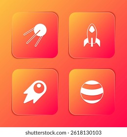 Set Satellite, Rocket ship, Cometa caindo rápido e ícone Planeta. Vetor