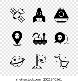 Set Satellite, Rocket ship, Space capsule, Planet Saturn, Moon with flag, Great Bear constellation, Alien and Mars rover icon. Vetor