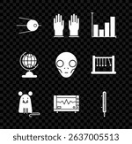 Set Satellite, Rubber gloves, Pie chart infographic, Rat, Computer monitor with cardiogram, Meteorology thermometer measuring, Earth globe and Extraterrestrial alien face icon. Vector
