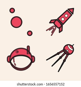 Set Satellite, Solar system, Rocket ship with fire and Astronaut helmet icon. Vector