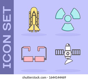 Set Satellite, Space shuttle and rockets, Glasses and Radioactive icon. Vector