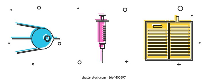 Set Satellite, Syringe and Open science book icon. Vector