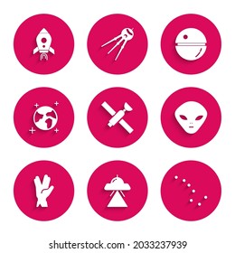 Set Satellite, UFO flying spaceship, Great Bear constellation, Alien, Vulcan salute, Earth globe, Death star and Rocket with fire icon. Vector