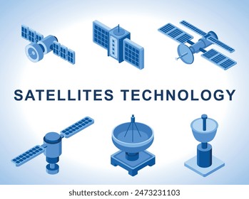 Set of satellites and ground station in isometric style. Satellite technology. Flat illustration