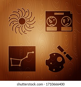Set Satellites orbiting the planet Earth, Black hole, Great Bear constellation and Celestial map of the night sky on wooden background. Vector