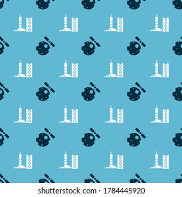Set Satellites orbiting the planet Earth and Rocket launch from the spaceport on seamless pattern. Vector