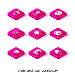 Set Satellites orbiting the planet Earth, Astronaut helmet, Solar system, Eclipse of sun, Planet, Alien and dish icon. Vector