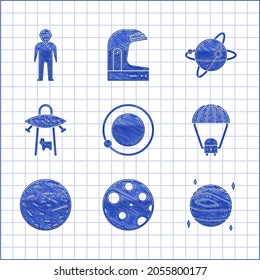Set Satellites orbiting the planet Earth, Moon, Planet Venus, Space capsule and parachute, UFO abducts cow,  and Alien icon. Vector