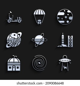 Set Satellites orbiting the planet Earth, Black hole, UFO abducts cow, Rocket launch from spaceport, Astronomical observatory, Planet Saturn, Mars and rover icon. Vector