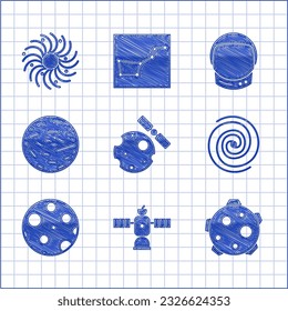 Set Satellites orbiting the planet Earth, Planet, Black hole, Moon, Venus, Astronaut helmet and  icon. Vector