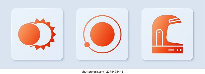 Set Satellites orbiting the planet Earth, Eclipse of the sun and Astronaut helmet. White square button. Vector