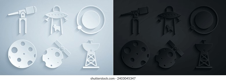 Set Satellites orbiting the planet Earth, Moon, dish, UFO abducts cow and Telescope icon. Vector