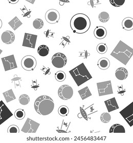 Set Satellites orbiting the planet Earth, UFO abducts cow, Great Bear constellation and Moon on seamless pattern. Vector