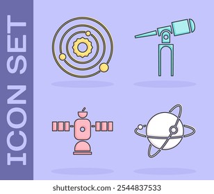 Satélites que orbitan el planeta Tierra, el sistema solar, el satélite y el icono del telescopio. Vector