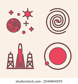 Set Satellites orbiting the planet Earth, Space and planet, Black hole and Rocket launch from the spaceport icon. Vector