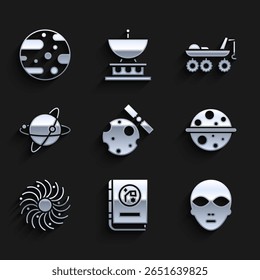 Set Satélites orbitando o planeta Terra, Livro por astronomia, Alien, planeta Saturno, buraco negro, robô de Marte e ícone. Vetor