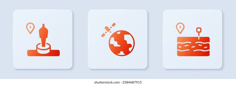 Set Satellites orbiting the planet, Location and monument and Broken road. White square button. Vector