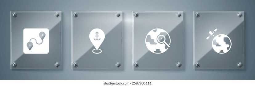 Set Satellites orbiting the planet, Magnifying glass with globe, Location anchor and Route location. Square glass panels. Vector