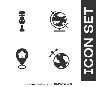 Satelliten-Set, die den Planeten umkreisen, Push-Pin, Position mit Haus und Erde-Globus-Symbol. Vektorgrafik