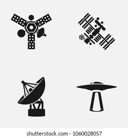 Set of satellites, radar and ufo flat vector icons.