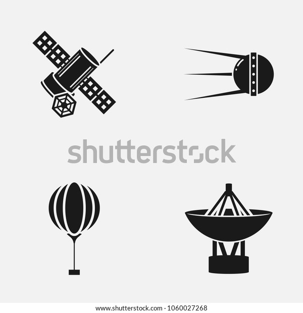 Set of satellites, radar and weather balloon flat\
vector icons.