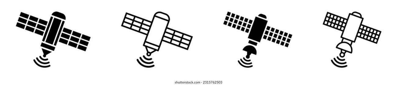 Set von Satelliten, Vektorsymbole. Weltraumüberwachung. Aufspüren auf Erden. Raumstation. GPS oder Radar.