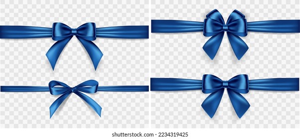 Set of satin decorative blue bows with horizontal ribbon isolated on white background. Vector blue bow and ribbon